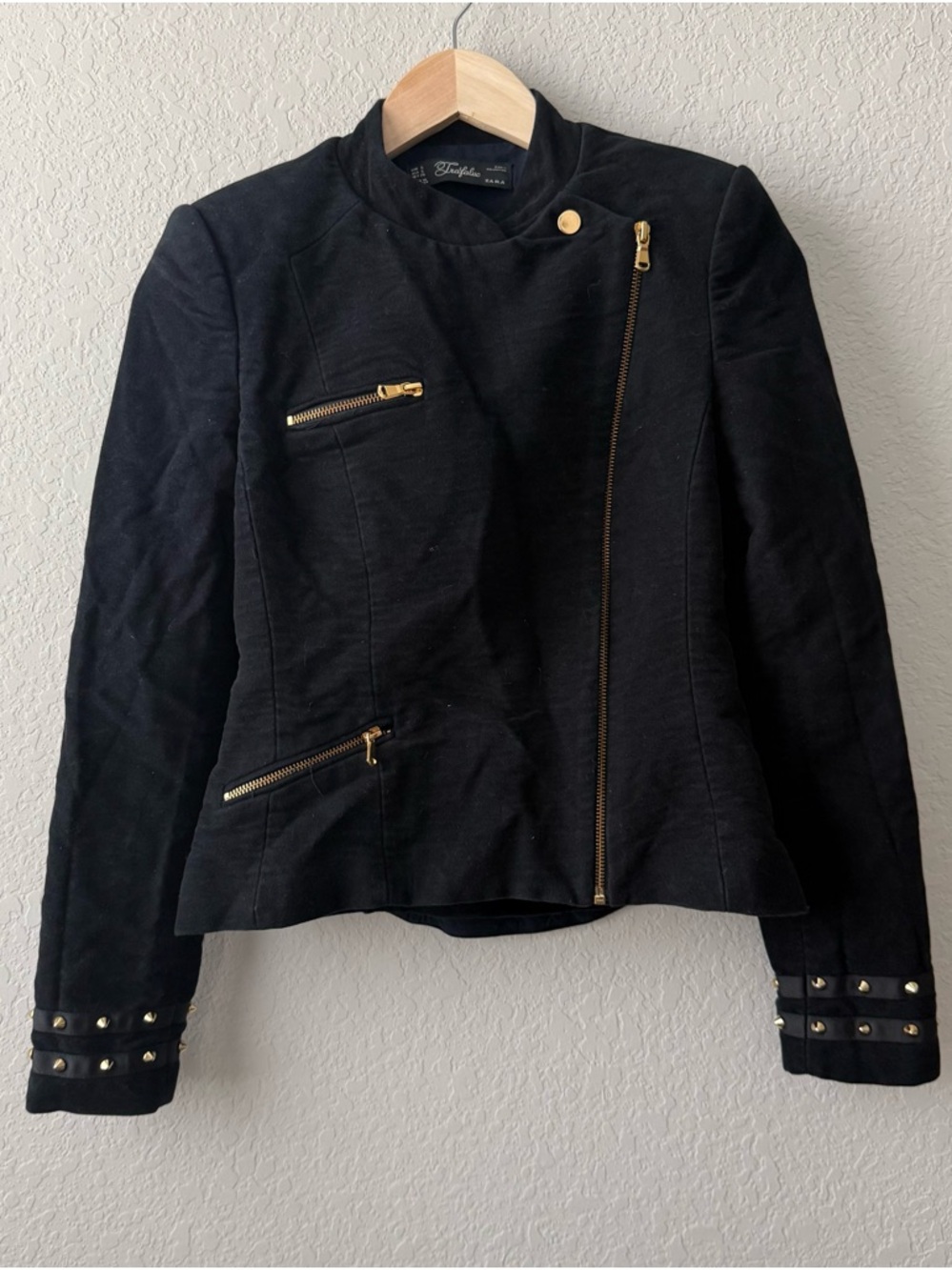 Zara Trafaluc Black Moto‎ Jacket with Gold Hardware and Stud Sleeves